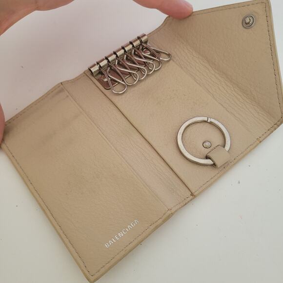 Balenciaga Logo 6 Key Ring Card Holder Wallet Case Leather Small Unisex Beige - Picture 3 of 13